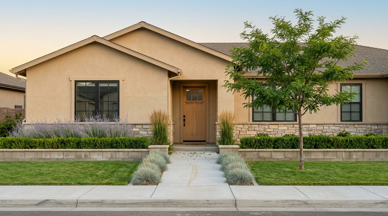 Sand-toned stucco home with a ledgestone base, covered entry, and honeylocust tree beside landscaped beds.