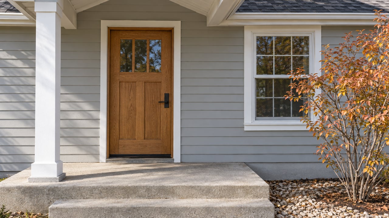 Close view of a gray-sided home's covered oak entry, white-trimmed window and copper-leaved serviceberry beside a concrete porch.