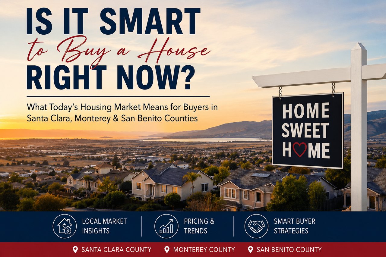 Scenic California real estate market graphic showing homes at sunset with text asking “Is It Smart to Buy a House Right Now?” focused on Santa Clara County, Monterey County, and San Benito County housing market trends in 2026.