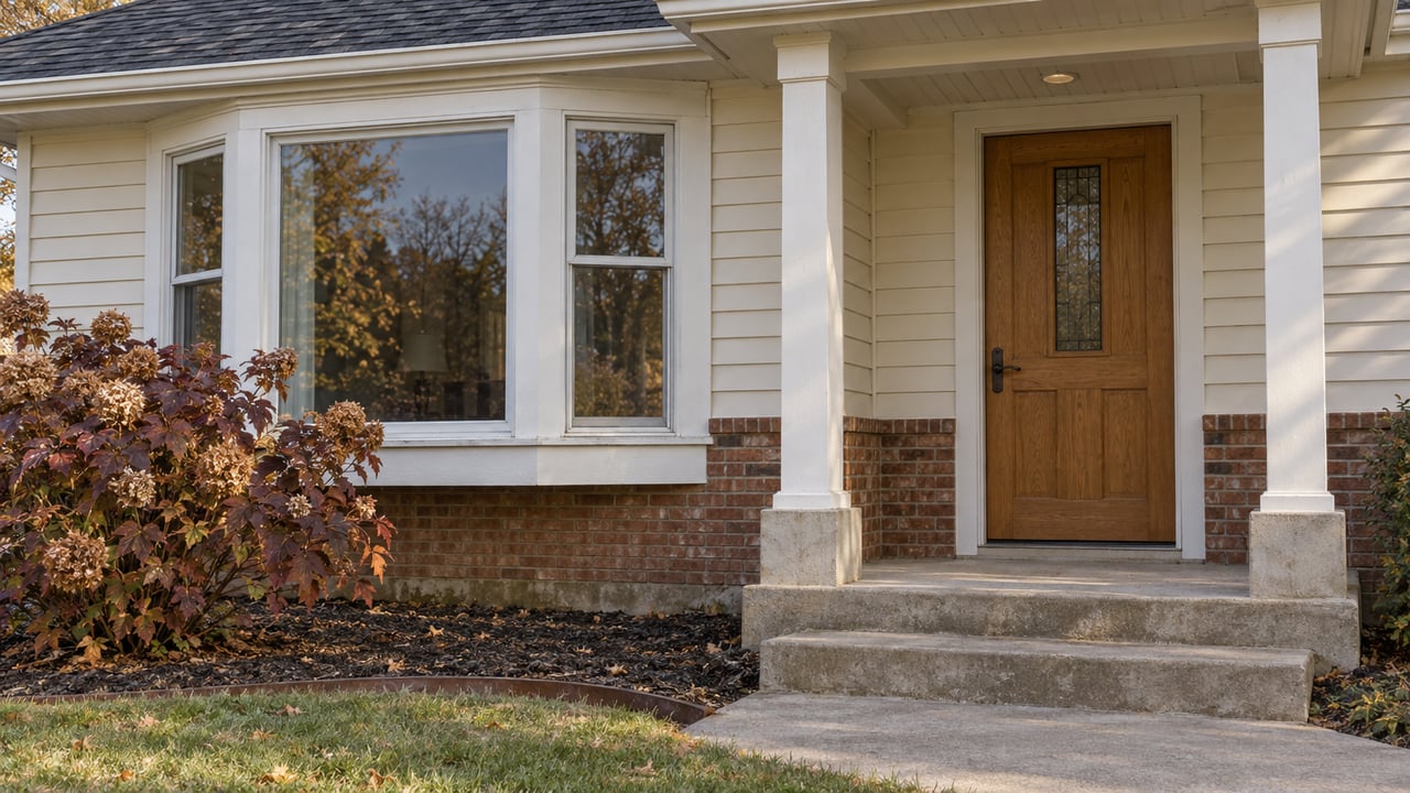 Autumn light on a brick-and-ivory-sided home's bay window and covered oak-door entry, with concrete steps and burgundy oakleaf hydrangea.