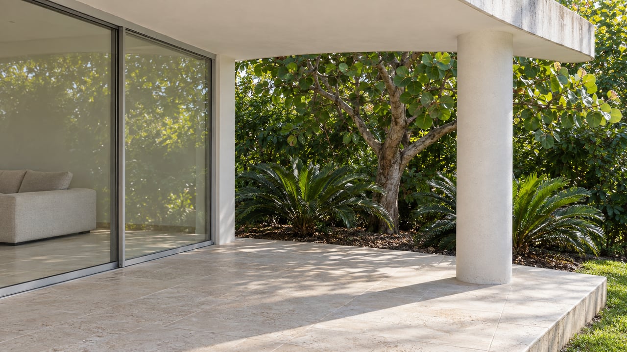 A curved white concrete terrace shelters pale limestone paving beside a glazed living room, with a sea grape tree and coontie plants beyond the raised stone edge.