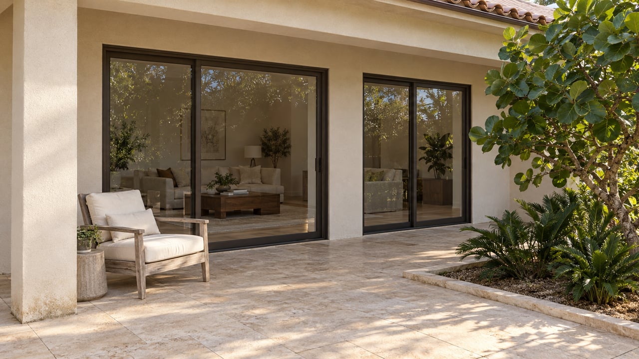 Sunlit covered terrace with ivory stucco, bronze-framed glass doors, weathered teak seating, limestone paving, and sea grape planting.