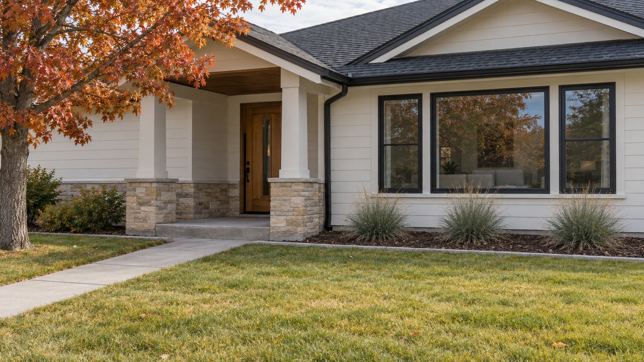 Autumn lawn and concrete approach leading to a covered wood-door entry beside black-framed windows, white siding, and buff stone.