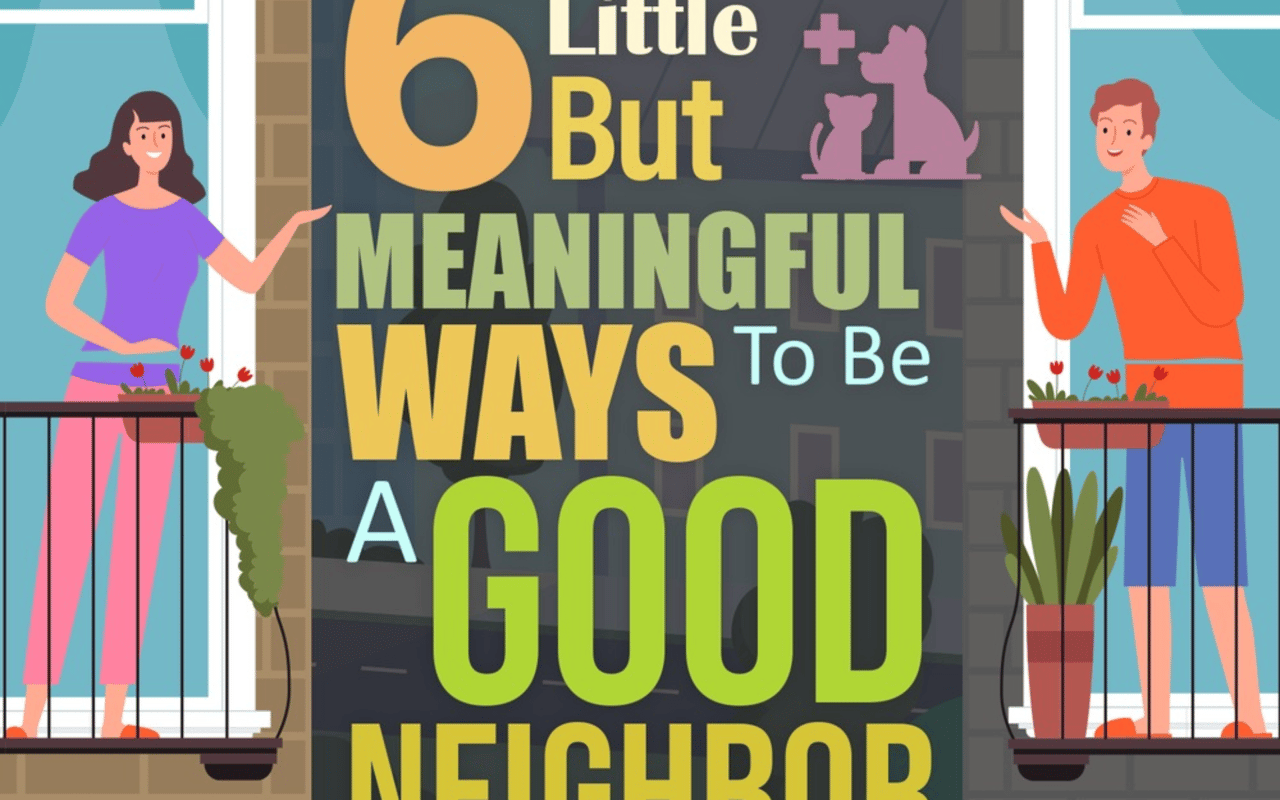 6 ways to be a good neighbor; illustrated neighbors greet each other from balconies.
