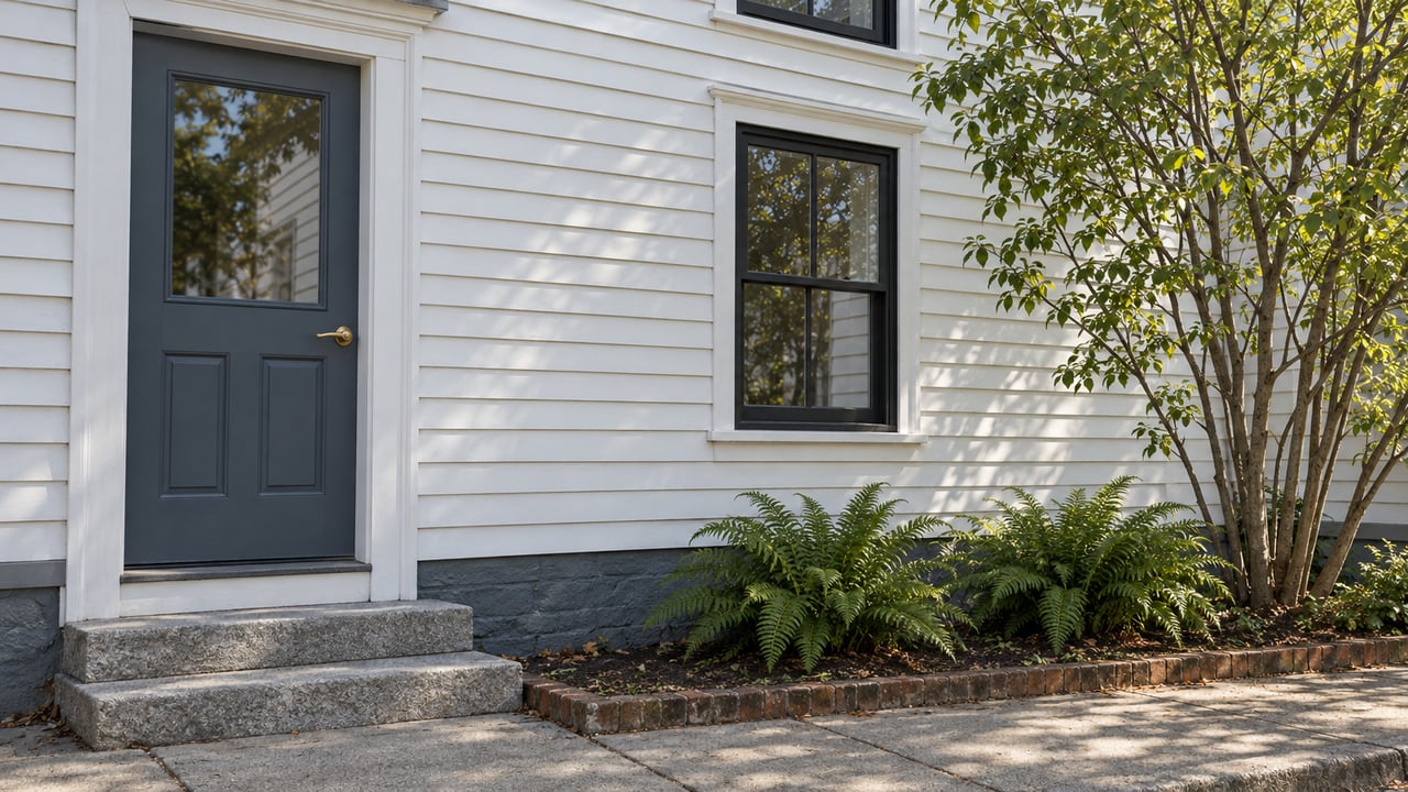 Narrow white clapboard home with a slate-blue door, double-hung window, granite steps, and a small planted bed.
