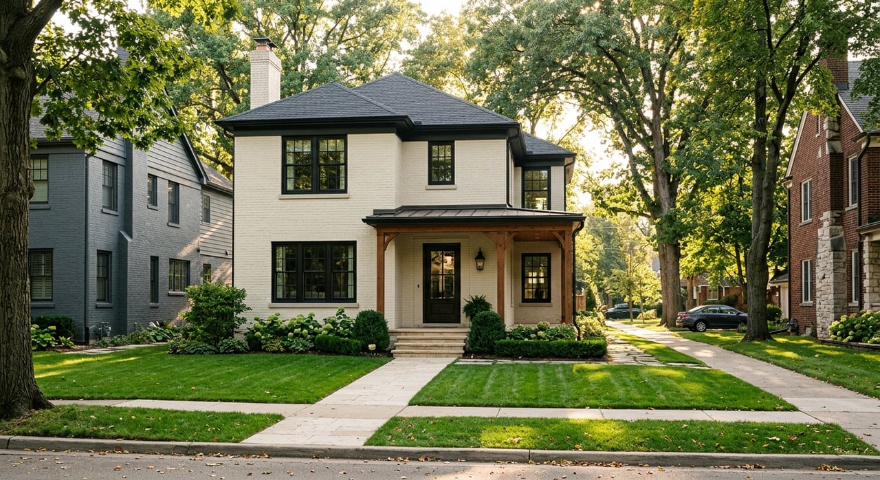 Light brick house with a centered oak front door, limestone walkway, clipped shrubs, and mature trees.