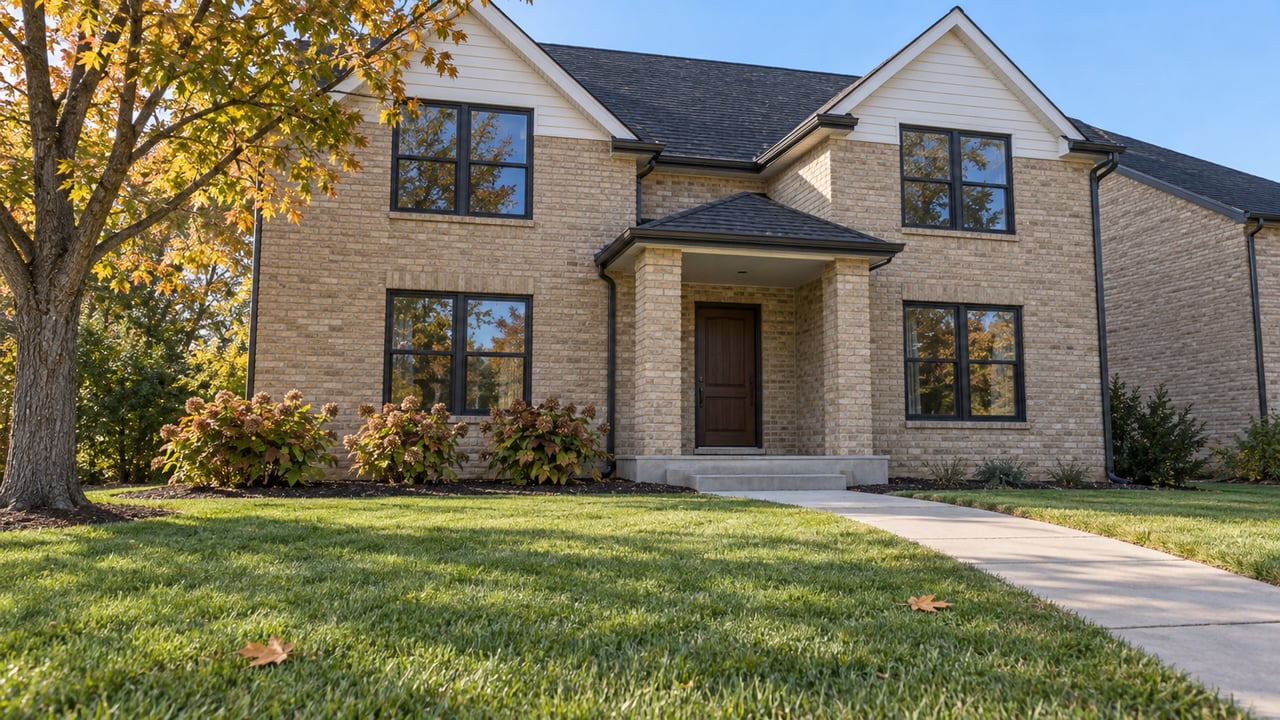 A brick house with white gables and black-framed windows beyond a deep green lawn, with an autumn sugar maple beside the entrance approach.