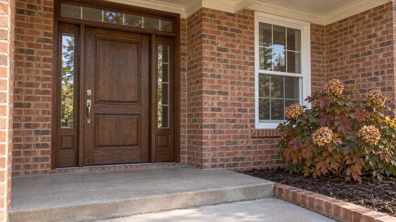 Covered brick home entry with a stained oak door, paired sidelights, concrete steps, and an oakleaf hydrangea in autumn color.