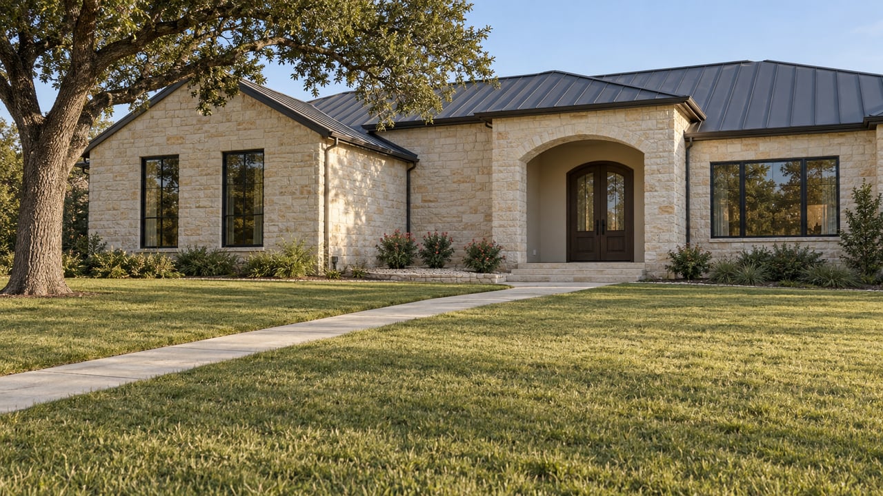 Limestone home with an arched oak entry, broad lawn, and a spreading live oak in warm afternoon light.