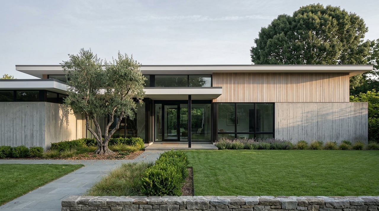 Modern home with concrete and oak facade behind a bluestone path, olive tree, lawn, and layered garden beds.