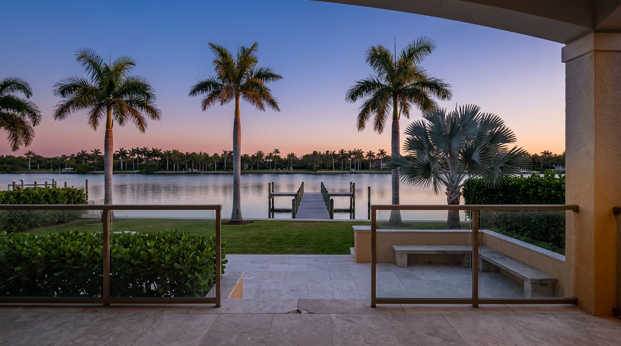 Waterfront terrace with a glass railing overlooking a private dock, still water, and palms at dusk.
