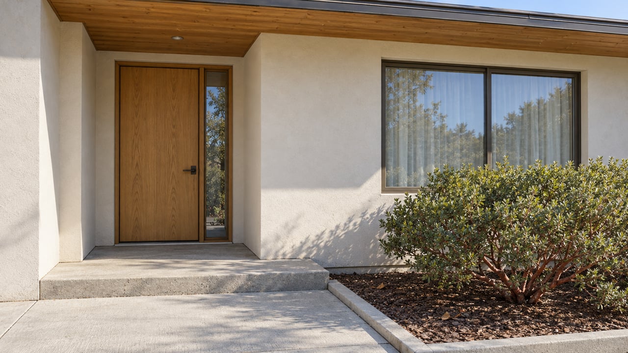 Contemporary stucco home entry with an oak door, shaded timber soffit, concrete step and sculptural manzanita.