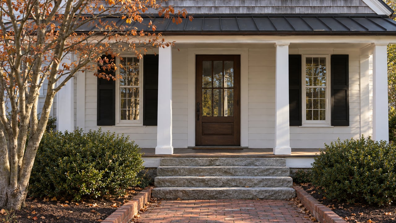 Historic shingled house with a recessed wood door, white porch columns, granite steps, and bronze-leaved serviceberry.