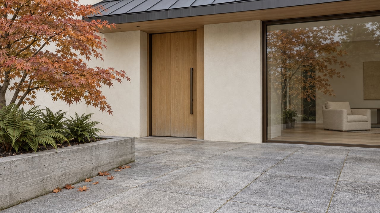 Ivory plaster estate entry with an oak door, bronze-framed glazing, gray granite landing and a copper-leaved Japanese maple in a raised concrete bed.
