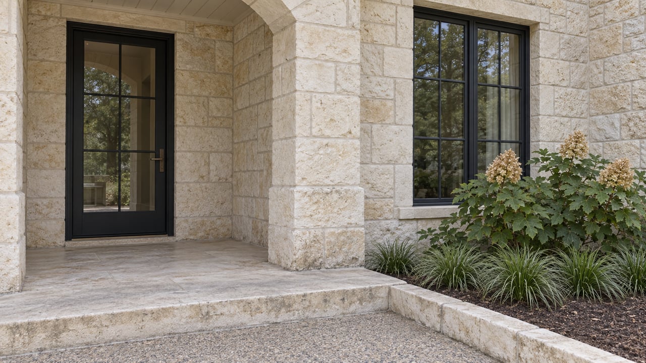 Limestone home entrance with a black glazed door, divided-light window, worn stone paving and oakleaf hydrangea beside a raised planting-bed curb.