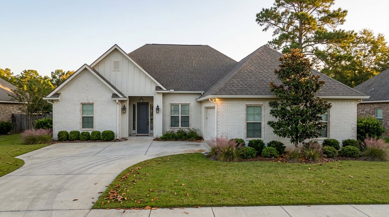 Light-brick suburban home with a board-and-batten gable, curved driveway, and magnolia tree beside the facade.