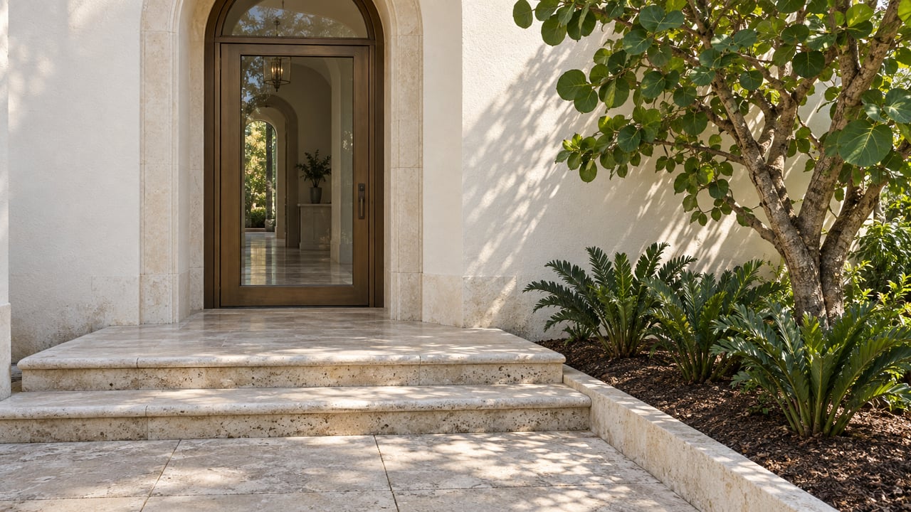 An ivory stucco home entrance with an arched bronze-framed glass door, broad limestone steps and sculptural sea grape planting.