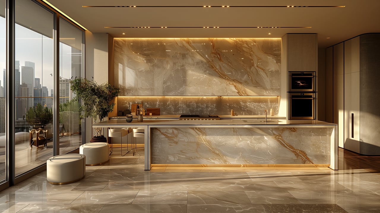 Contemporary kitchen with a veined marble island and floor-to-ceiling windows overlooking the city.