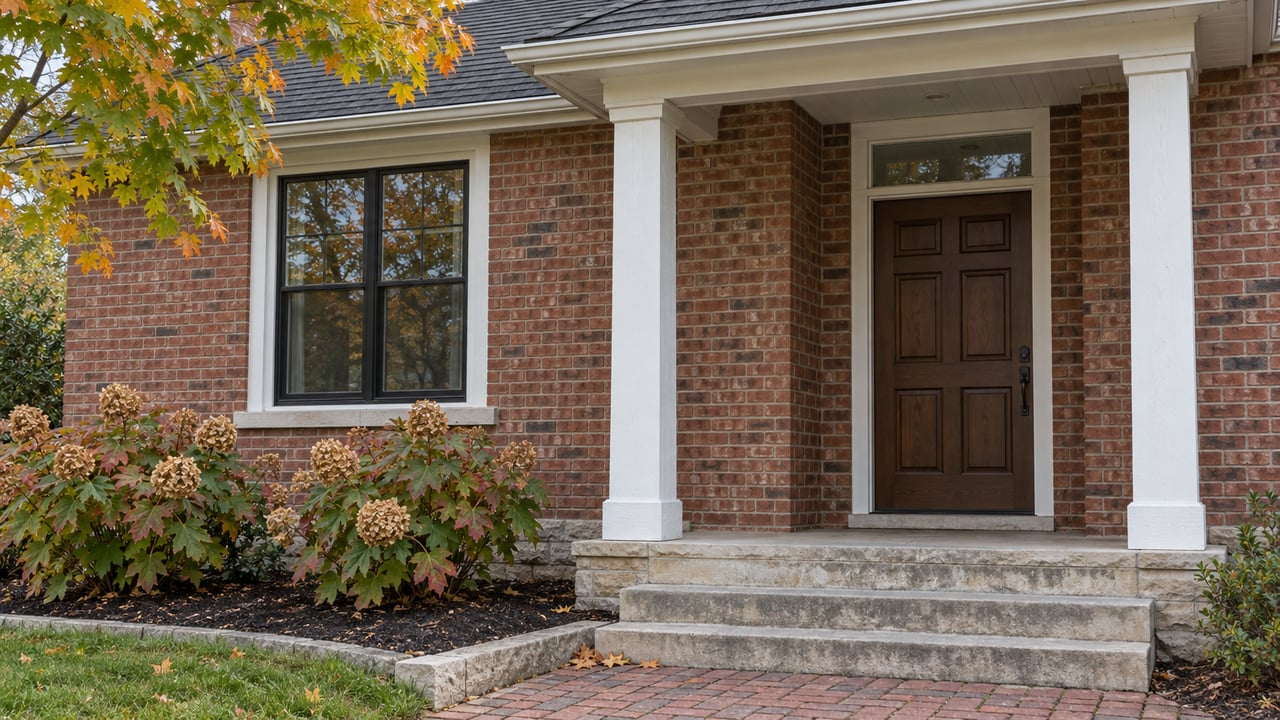 Covered entry of a red-brick home with white porch posts, limestone steps, a dark wood door, and early autumn maple leaves.