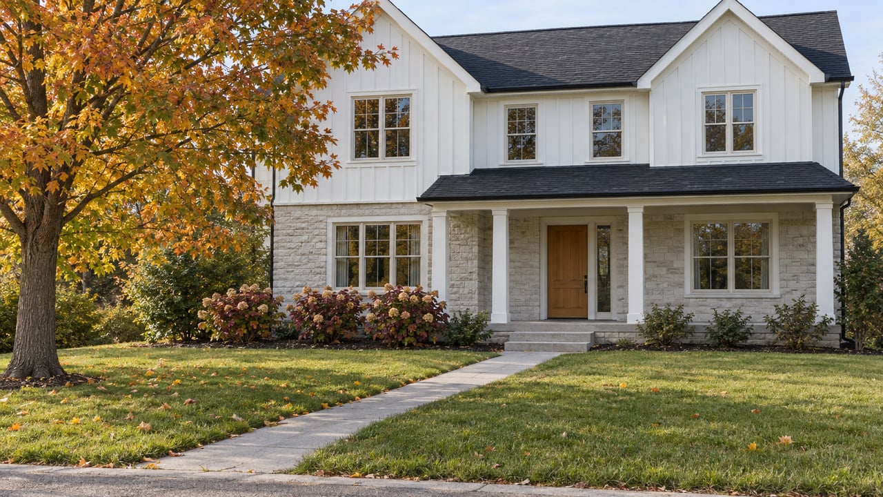 White gabled home with a covered porch, limestone foundation and deep front lawn beside a copper-colored sugar maple.
