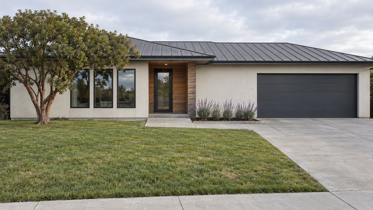 Contemporary single-story home with white stucco, cedar entry, charcoal garage and a deep front lawn beneath a cloudy sky.