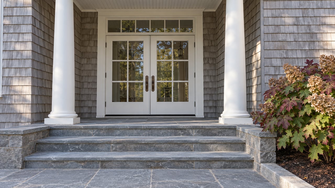 Home entrance with white double doors, tall columns, broad stone steps, and autumn foliage.