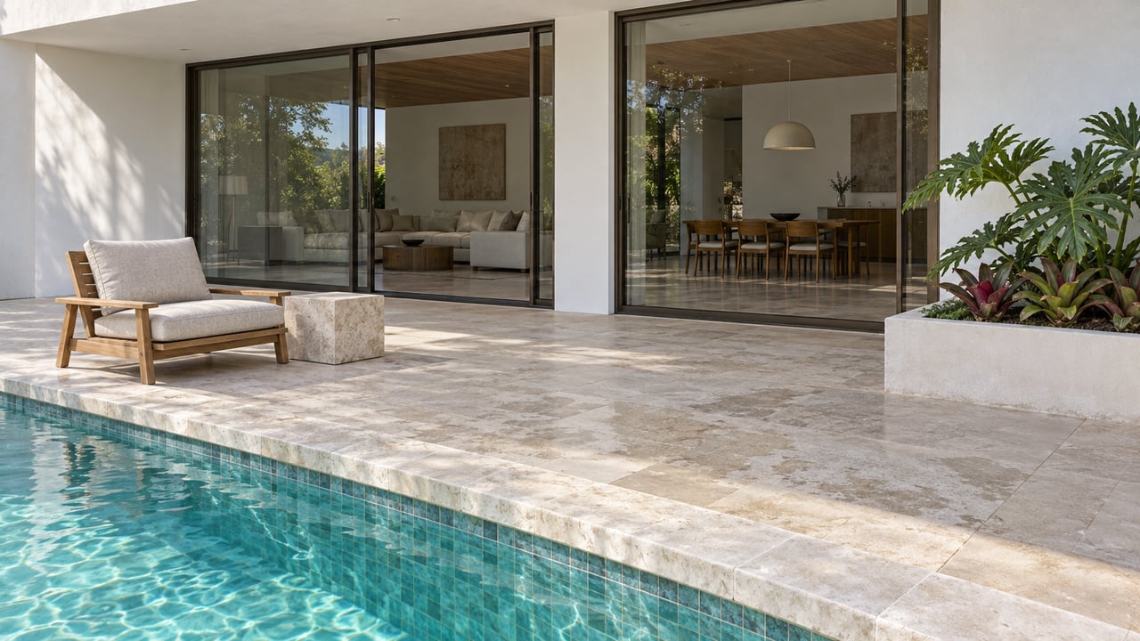 Covered white-stucco terrace with a teak lounge chair, glazed doors and pale stone coping beside turquoise pool water.