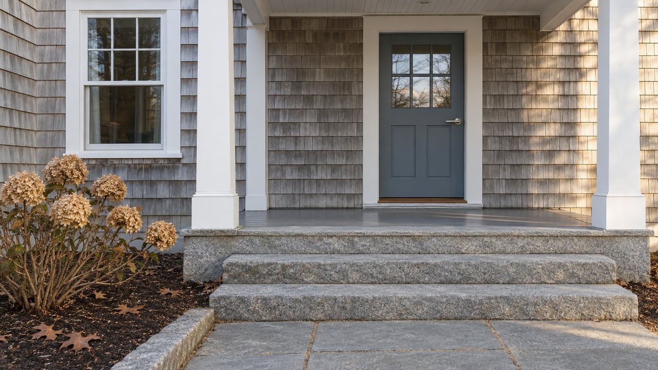 Weathered cedar-shingle house entry with a blue-gray glazed door, white porch trim and granite steps beside dried panicle hydrangea.
