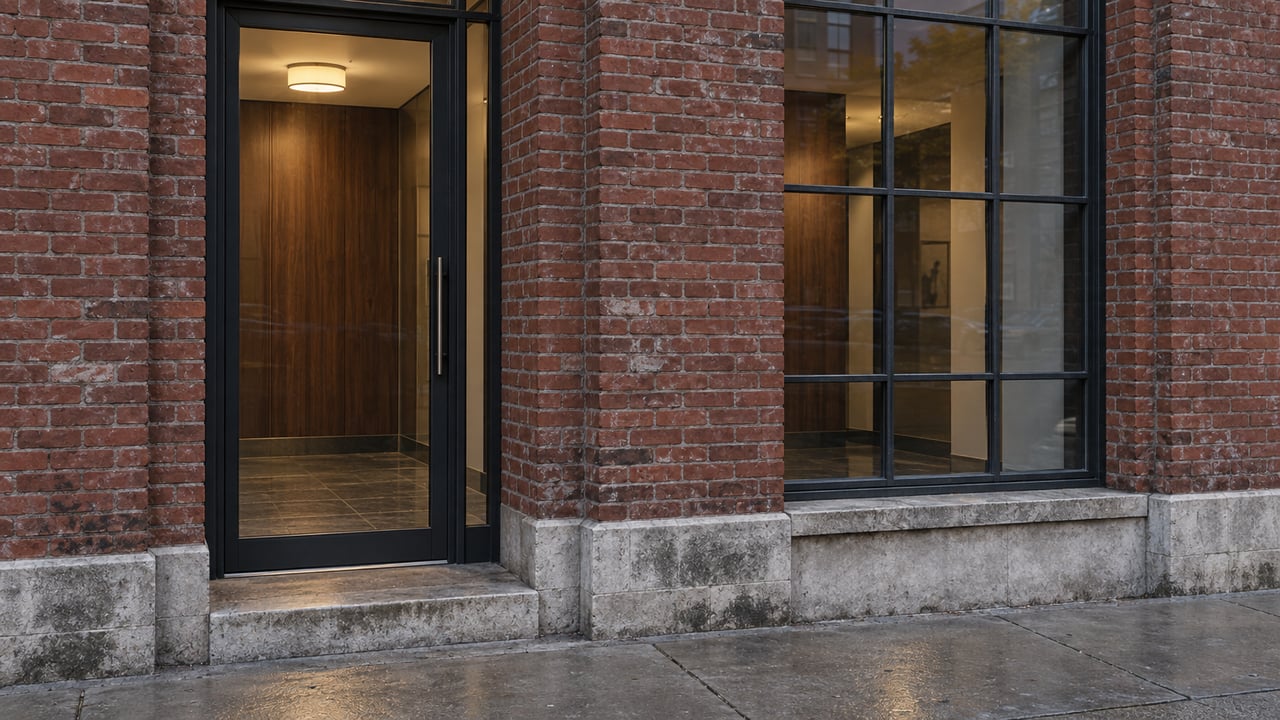 Recessed glazed entrance and steel-framed loft window set in rain-darkened red brick.