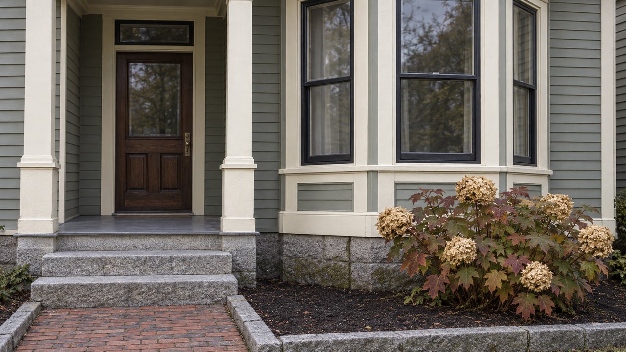 Grey-green clapboard home with a recessed oak entrance, granite steps, tall bay windows, and autumn oakleaf hydrangea.