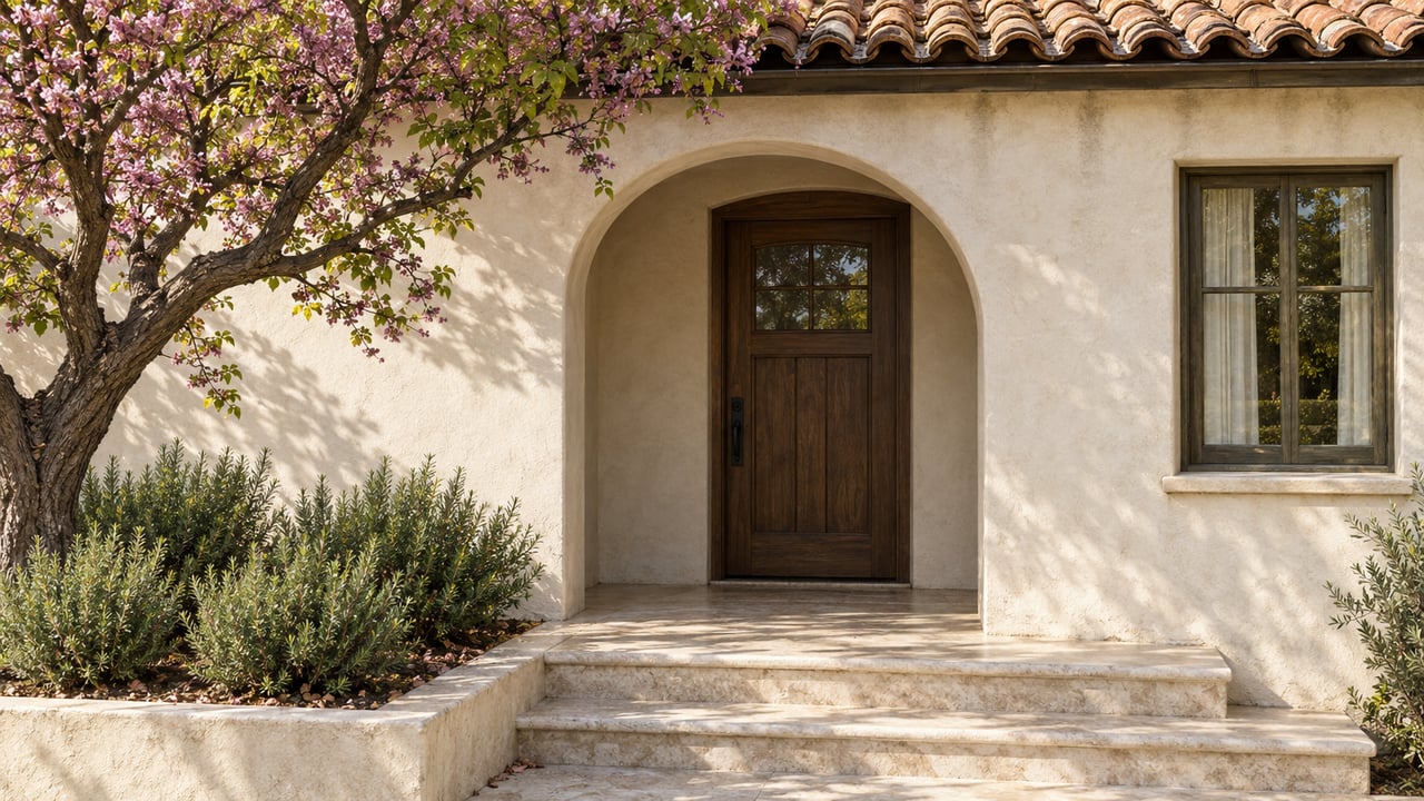 Ivory stucco house facade with an arched porch, dark oak door, adjacent window, and rosemary in a raised planter.