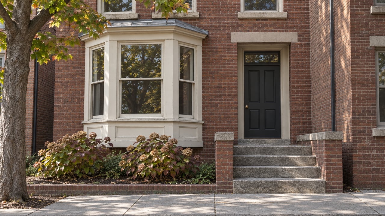 Russet brick house with an ivory-painted window bay, charcoal front door, worn granite steps and autumn oakleaf hydrangeas.