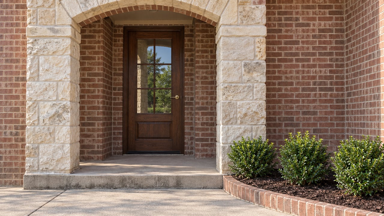 Brick home entrance with a limestone arch, glazed oak door, concrete step and three rounded dwarf yaupon shrubs.