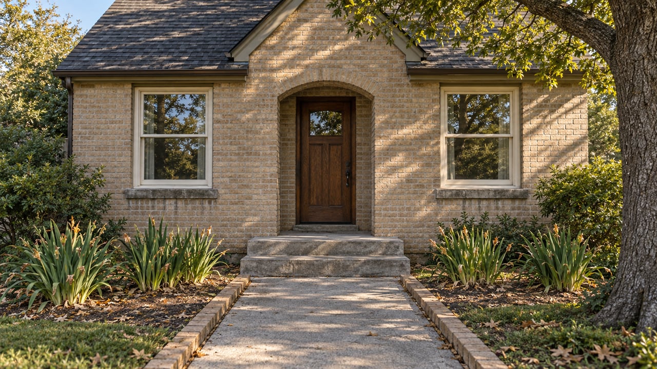 Sunlit buff-brick home with a recessed arched oak entrance, paired sash windows, worn stone steps and an oak-shaded iris garden.