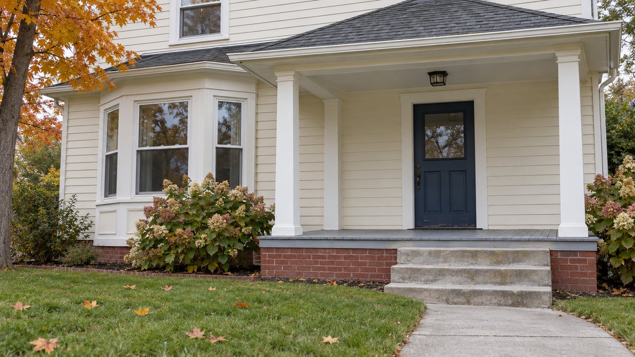 Ivory clapboard home with a covered porch, blue front door, brick base, hydrangeas and an orange-leaved maple.