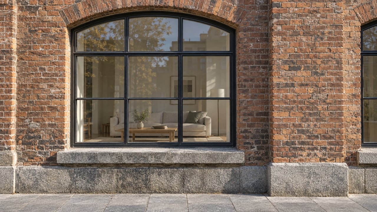 An arched black-steel loft window set into weathered brick above a granite base, with a pale living room visible behind closed glass.
