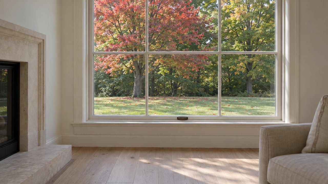 A closed divided-light window overlooks a deep lawn and mature maples, one turning red; an armchair and hearth frame the view.
