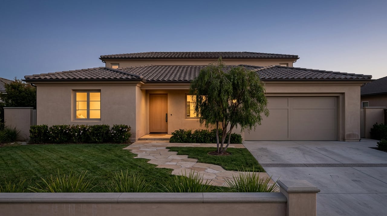 Two-story sand-colored stucco home with a terracotta tile roof, warm glowing windows, lawn, and flagstone walkway at dusk.