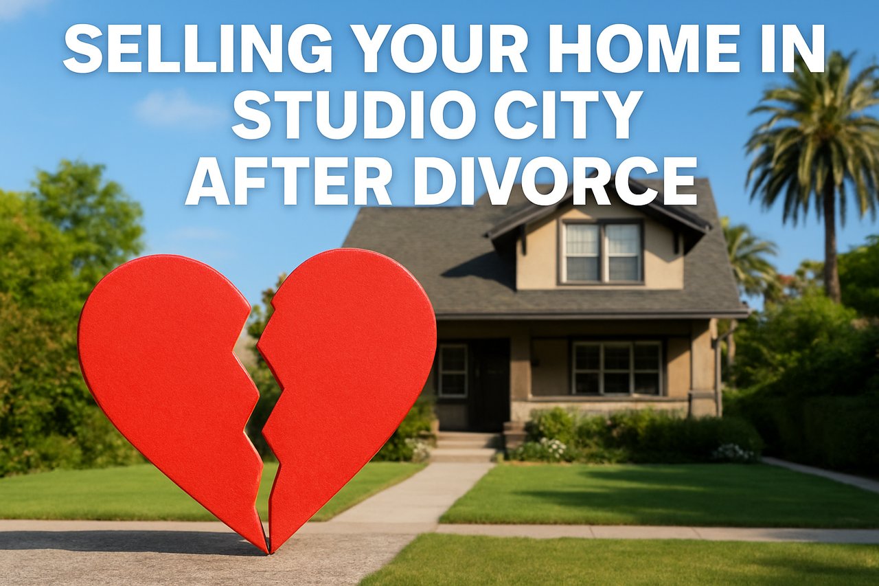 Selling Home in Studio City During Divorce graphic showing a single family home in the background and a broken heart in two pieces in the foreground