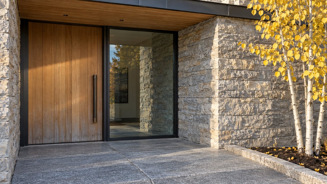 Contemporary covered entry with a weathered timber door, black-framed sidelight, limestone pier and granite landing beside yellow aspen leaves.