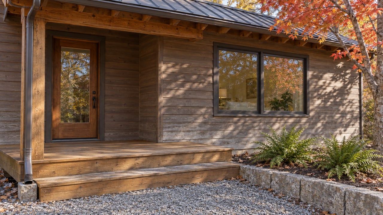 Wood-sided home with a covered timber entry, broad window, and worn wooden steps above a stone-edged gravel landing in autumn light.