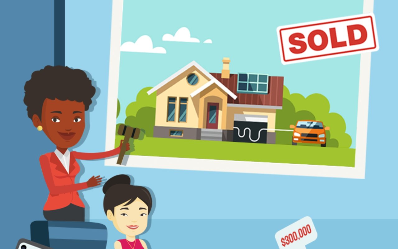 Illustration of an agent presenting a sold house to a buyer, with a $300,000 price label.