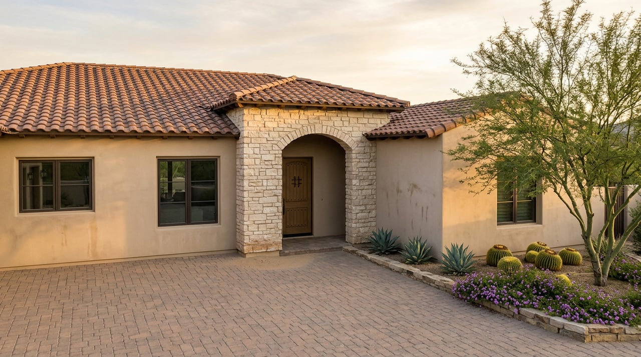 Desert home with a limestone arched entry, terracotta roof, palo verde tree, and agaves bordering a paver courtyard.