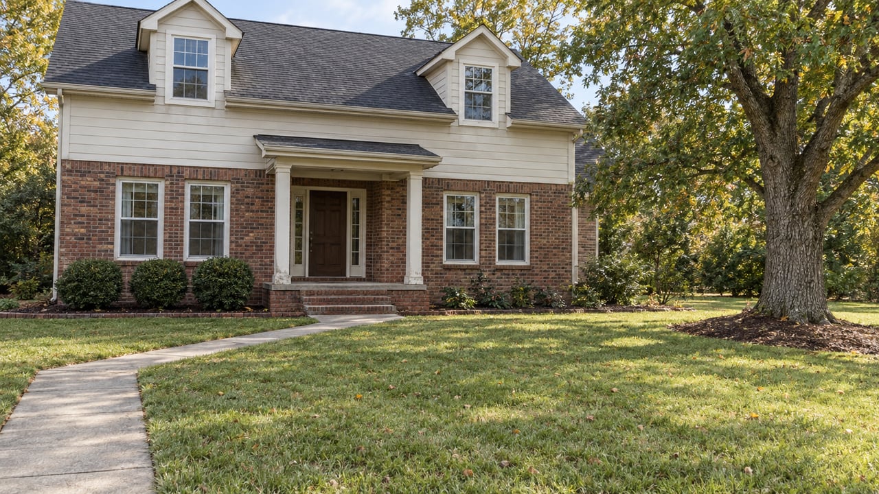 A two-story brick and ivory-sided home behind a deep lawn, with a covered entry, paired dormers and a mature white oak.