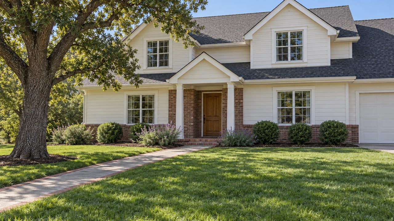 Sunlit cream-sided two-story home with a brick entry, broad front lawn, mature oak and concrete approach.