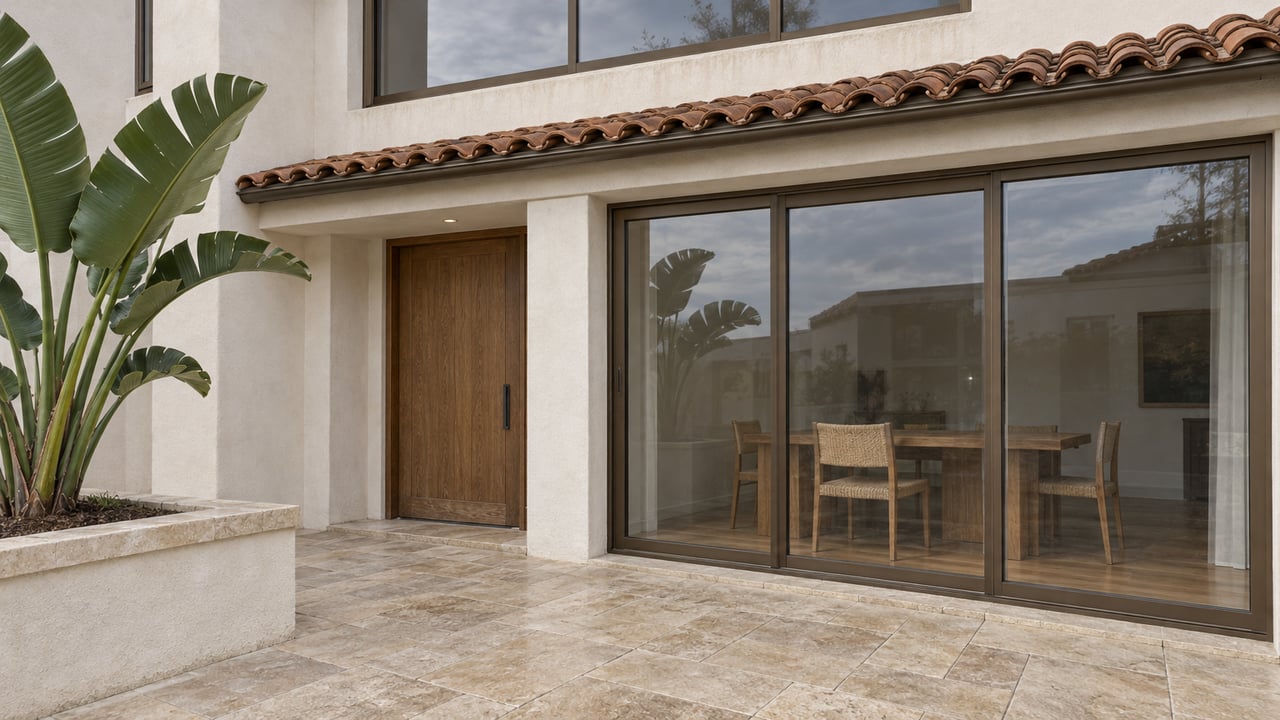 Early morning light on a white stucco home with bronze-framed windows, an oak entry door and a limestone terrace.