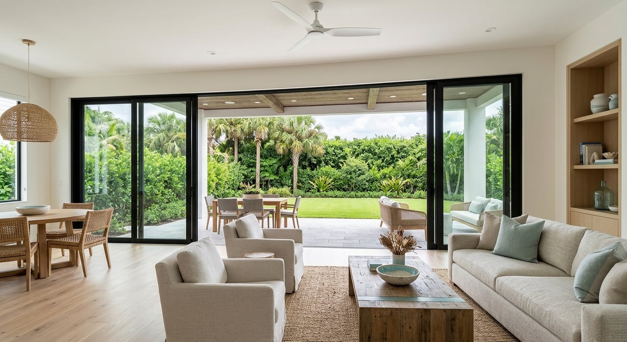 Living room with an oak floor, linen sofa, and open patio slider overlooking a clipped hedge.