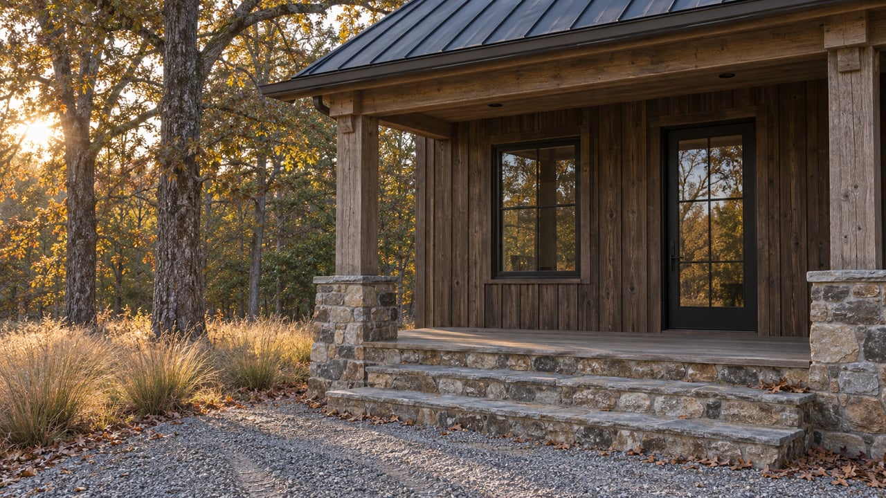 Country house porch with weathered cedar siding, stone steps, and oak trees beside a gravel approach.