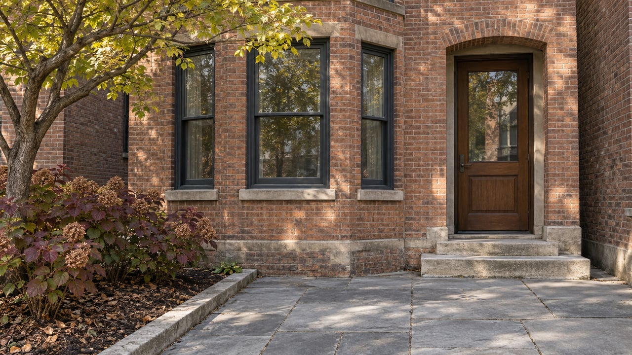 Autumn light on a red-brick townhouse with charcoal bay windows, a walnut entrance door and limestone steps beside redbud and oakleaf hydrangea planting.