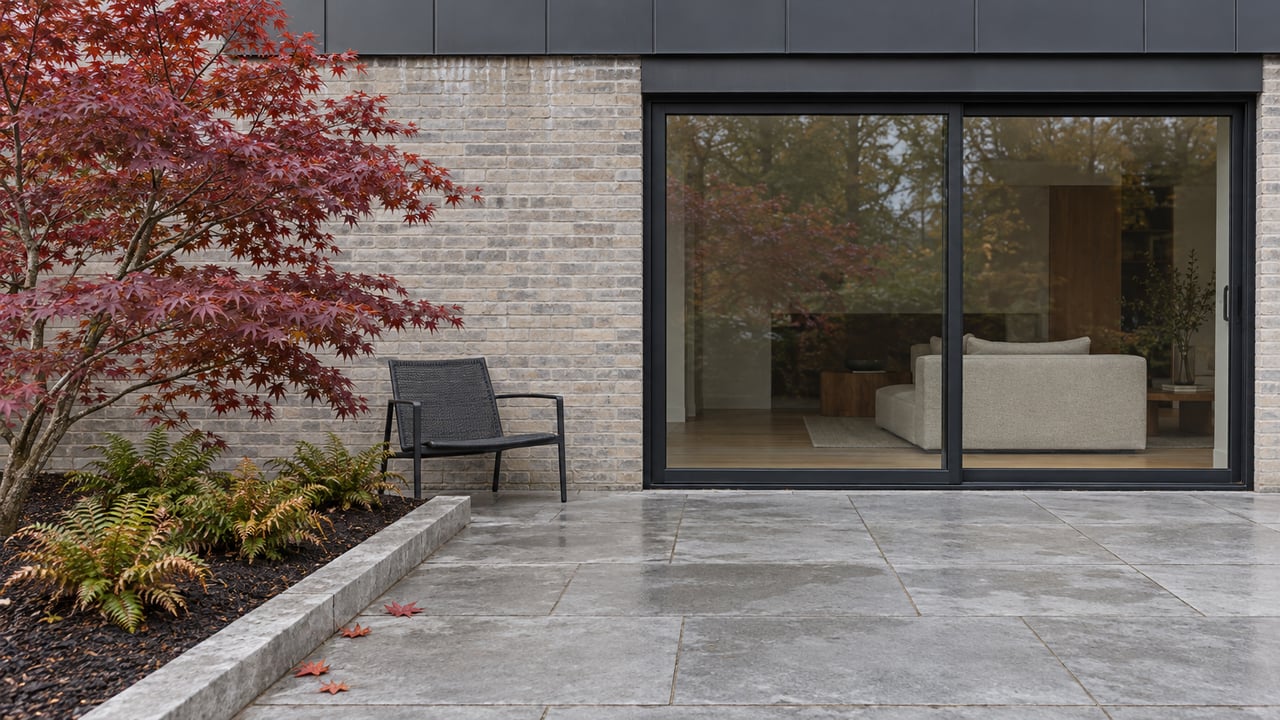 An autumn maple shades a limestone terrace beside pale brick and closed black-framed sliding doors of a modern renovated home.